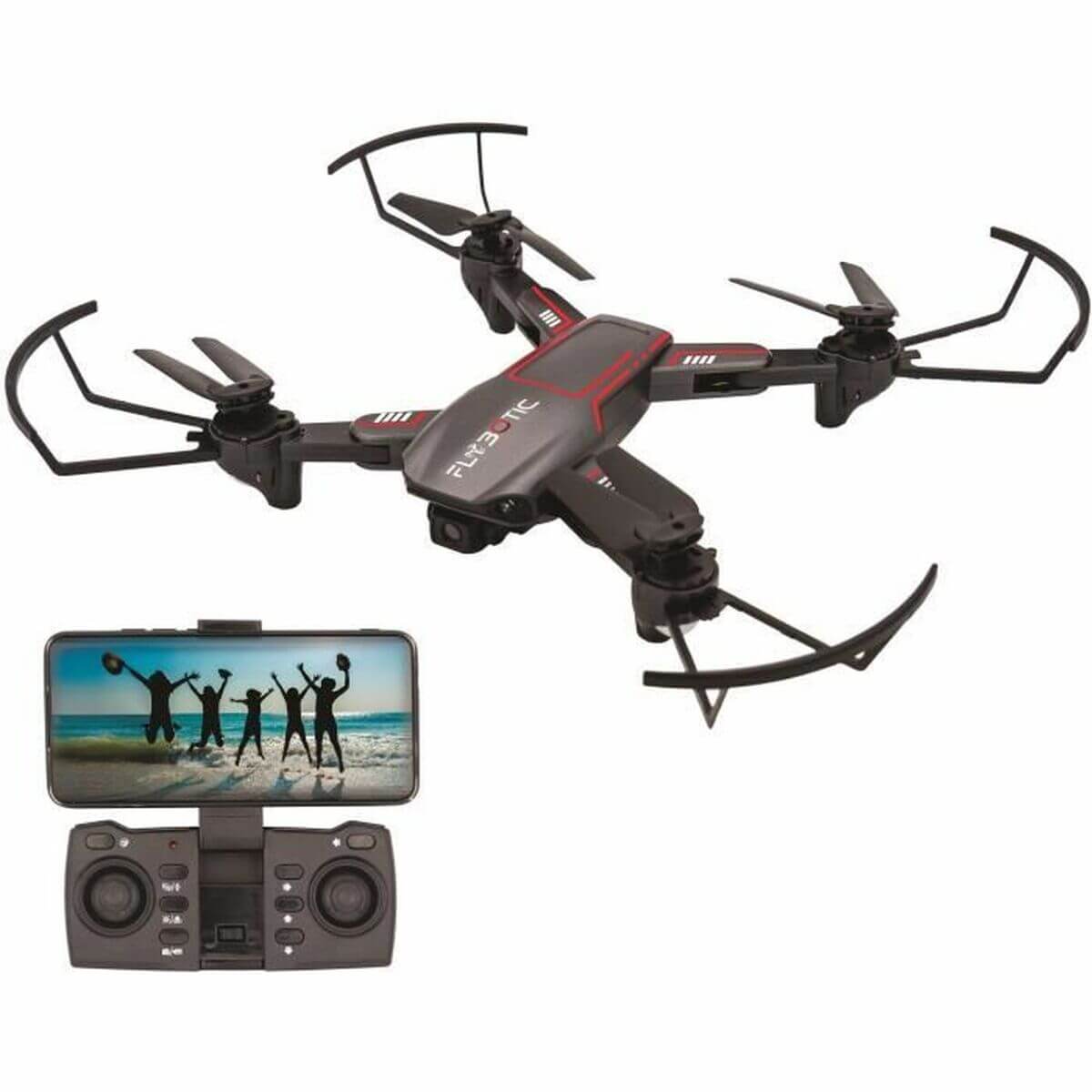 Flybotic Black remote control drone with camera, perfect for outdoor adventures and camping, available at revlando.com.