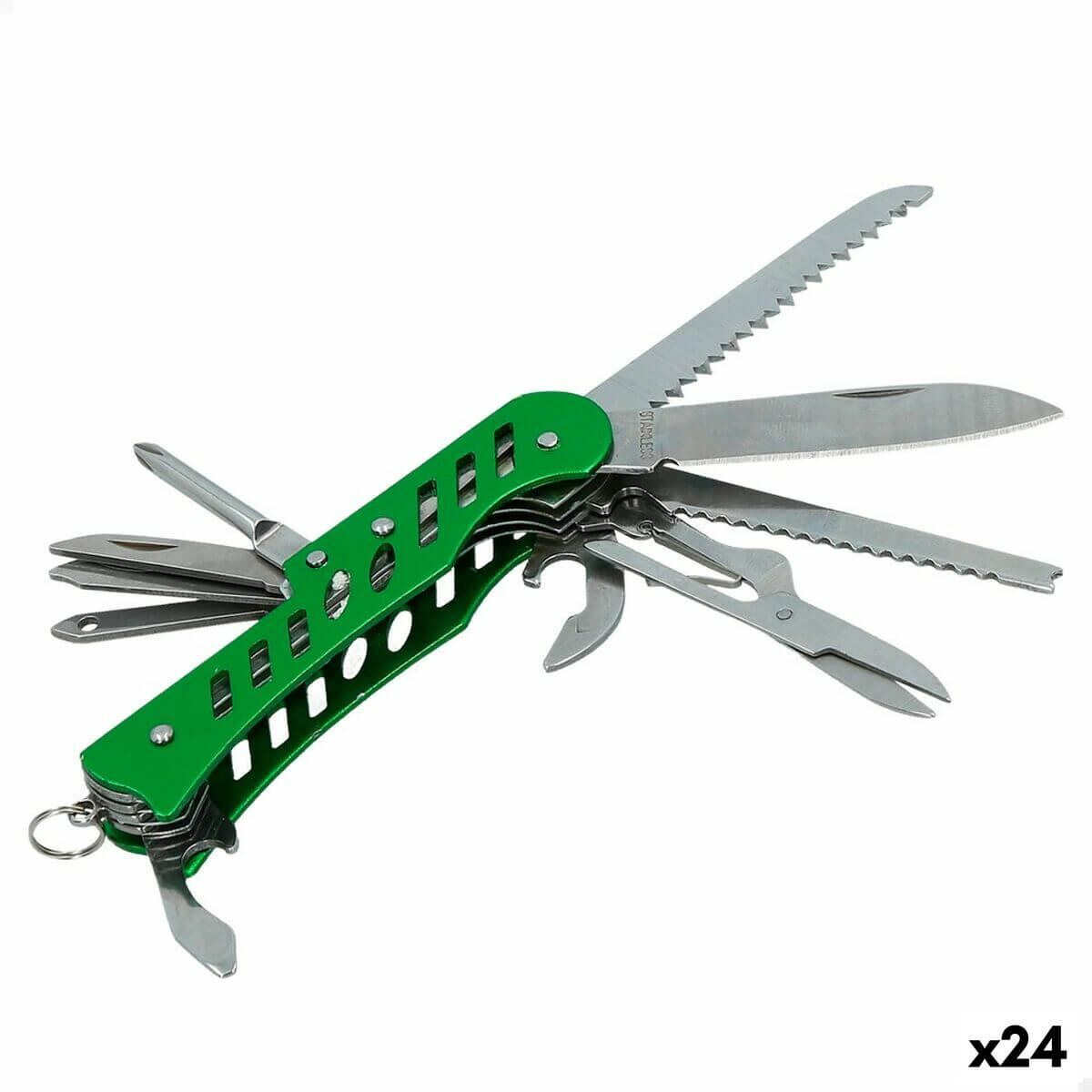 Multi-purpose green camping knife with multiple tools, ideal for outdoor adventures. Set of 24 units available.