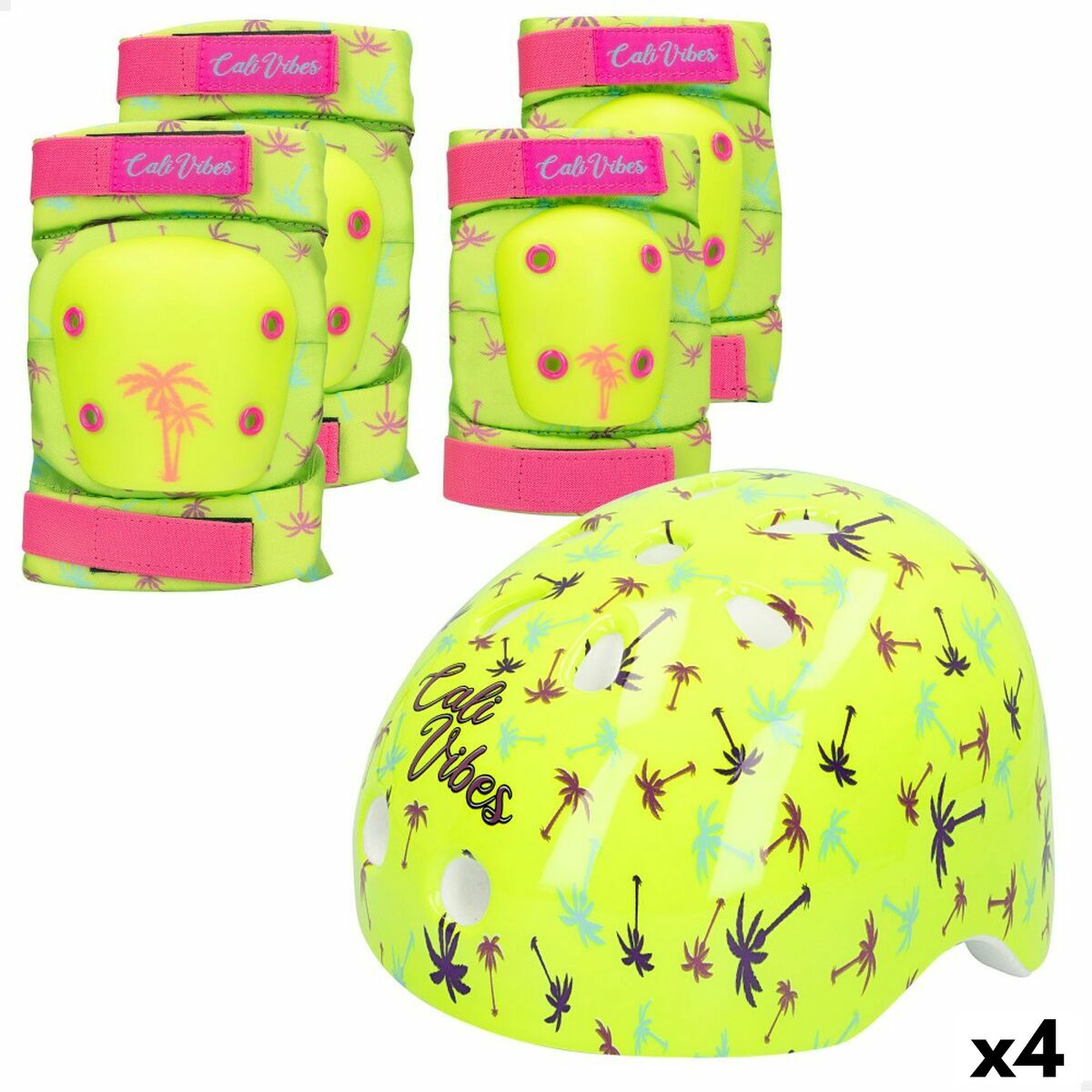 Colorbaby Neon Cali Vibes Yellow Sports Protection Set with helmet, knee pads, and elbow guards, ideal for outdoor adventures.