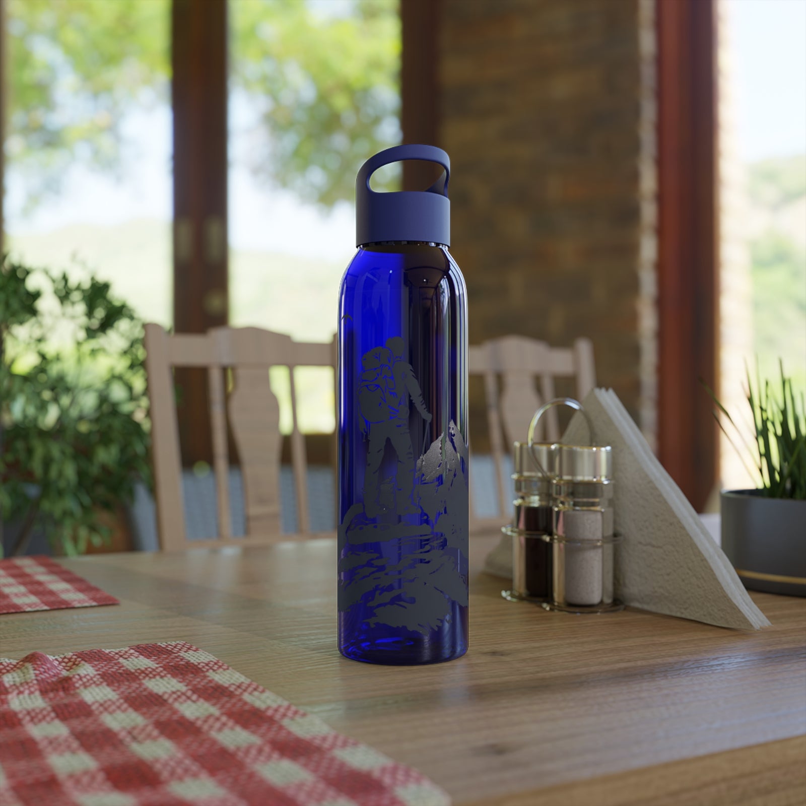 Stylish blue Sky Water Bottle on a wooden table, perfect for outdoor adventures and camping. Elevate hydration with revlando.com.