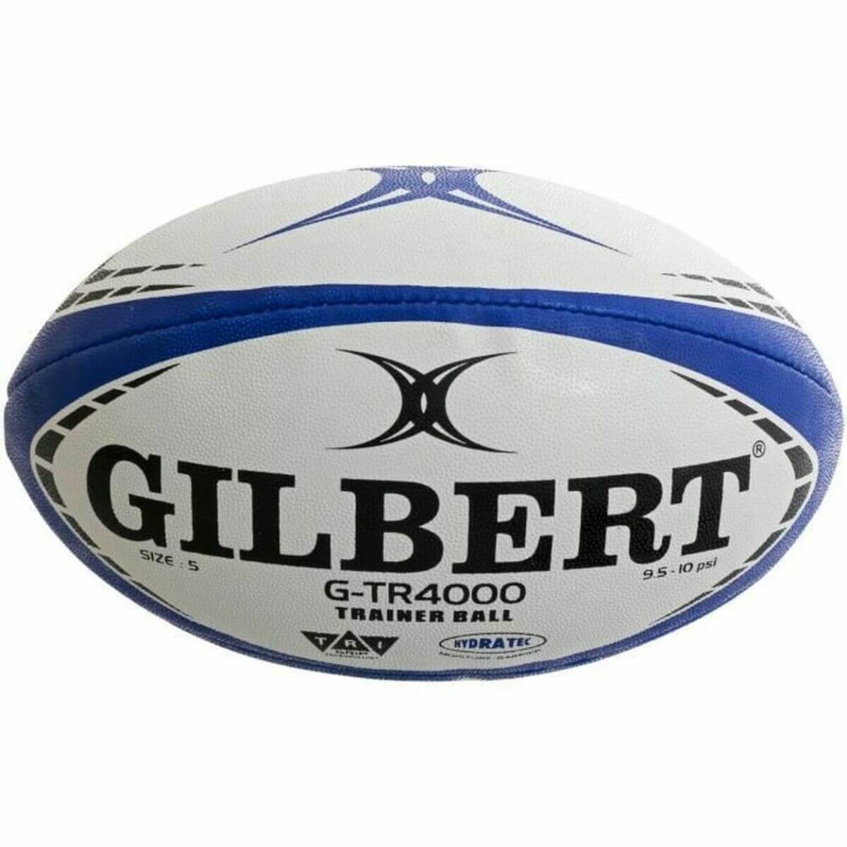 Gilbert G-TR4000 Trainer Rugby Ball in blue and white, perfect for outdoor sports and camping adventures.