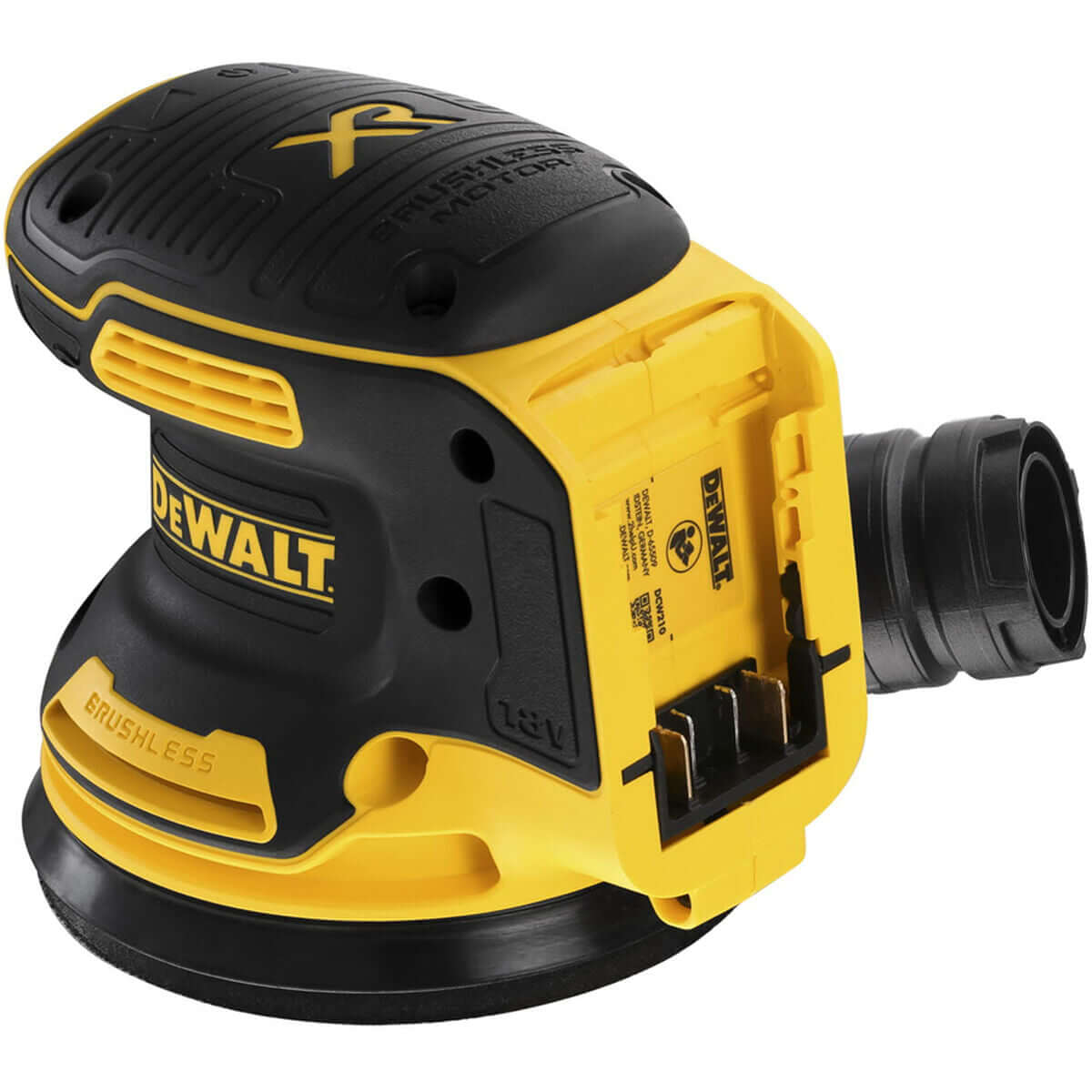Dewalt DCW210NT-XJ orbital sander in black and yellow, ideal for outdoor adventures and home details.