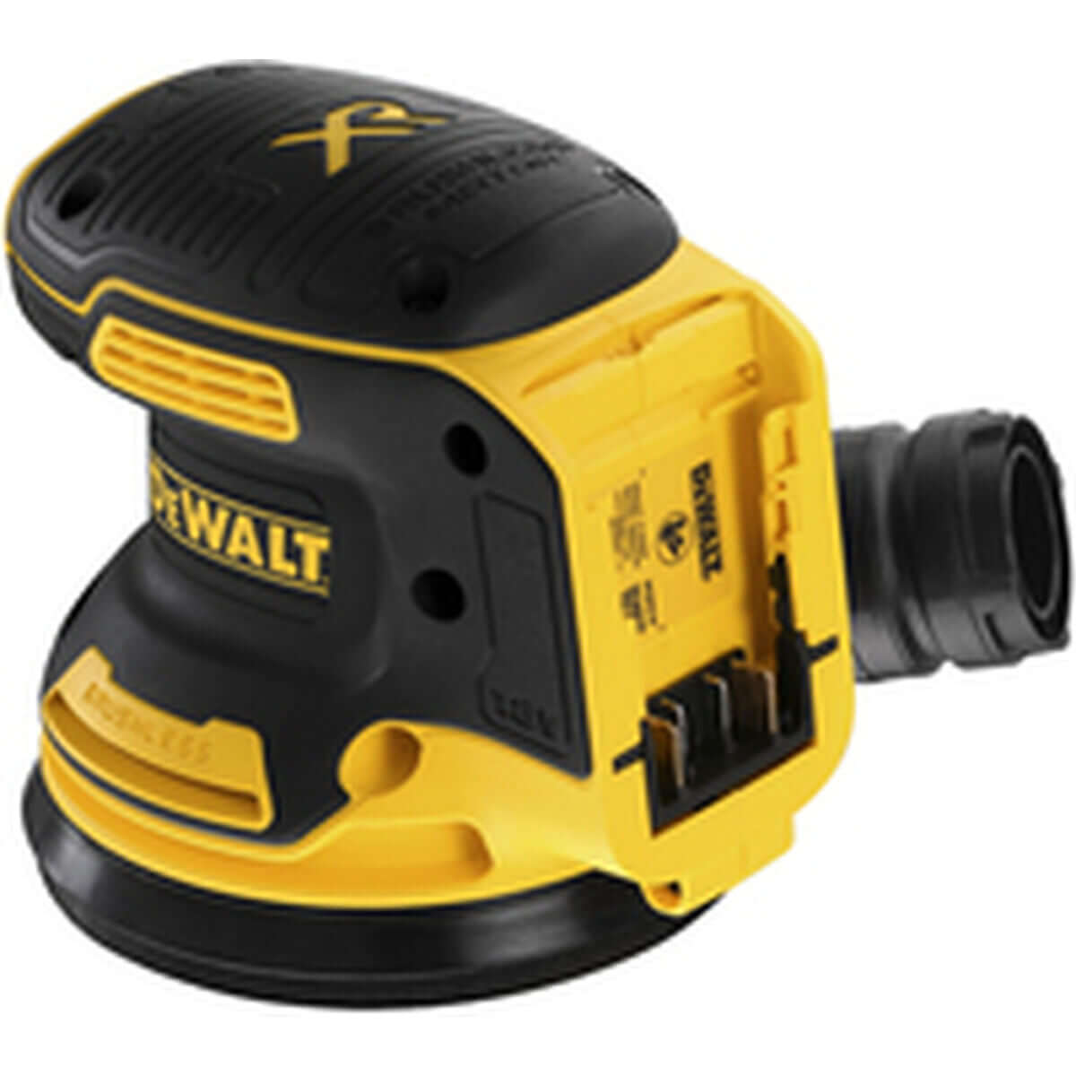 Dewalt DCW210NT-XJ orbital sander in black and yellow, ideal for outdoor adventures and home details.
