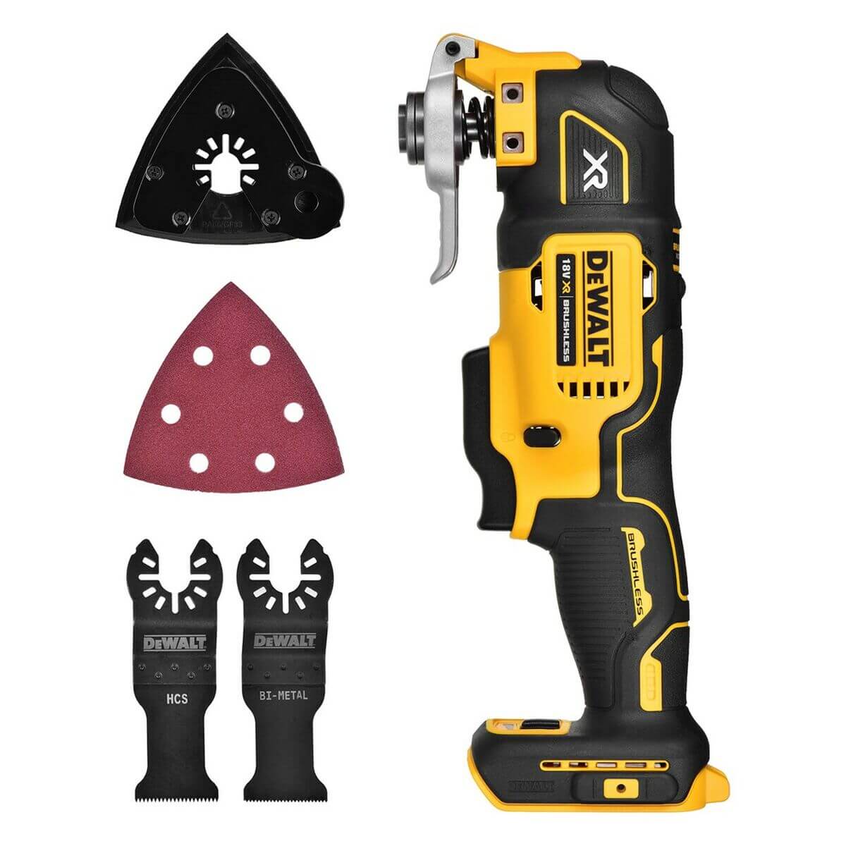 Multipurpose Turbo Tool Dewalt DCS356N-XJ in yellow and black, with various attachments for outdoor and adventure use.