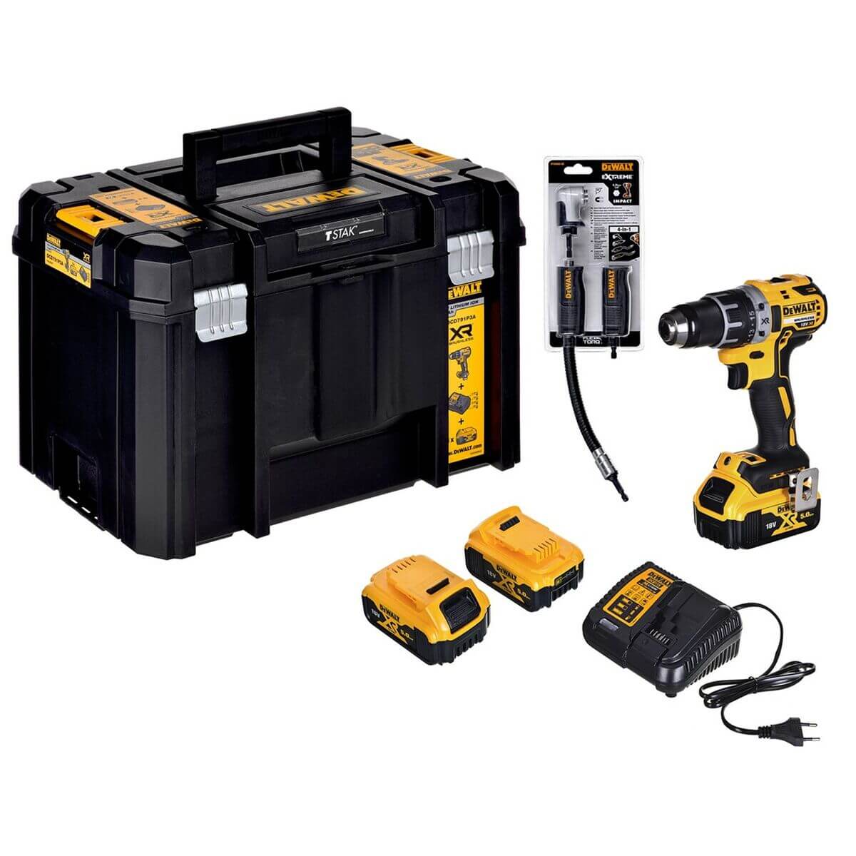 Hammer drill Dewalt DCD791P3A set with carrying case, batteries, and charger for outdoor adventures.
