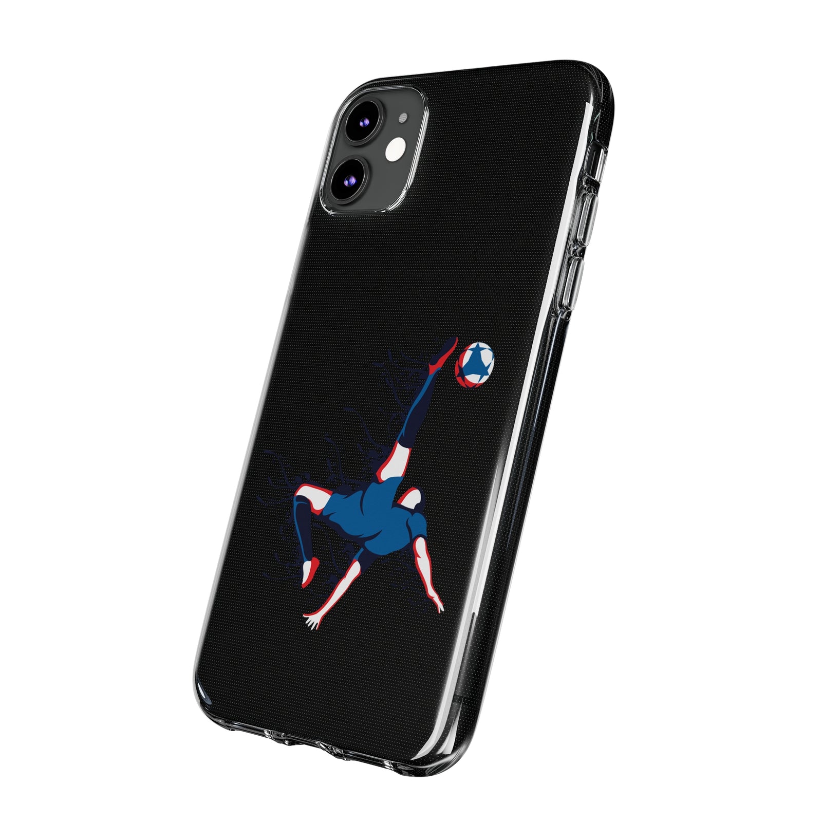 Soft TPU phone case featuring a vibrant football bicycle kick design, perfect for outdoor adventures and camping.