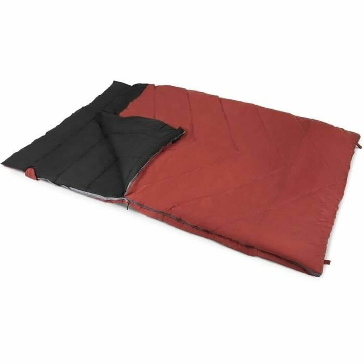 Red Kampa sleeping bag for outdoor camping, suitable for 2 persons, designed for adventure and comfort.