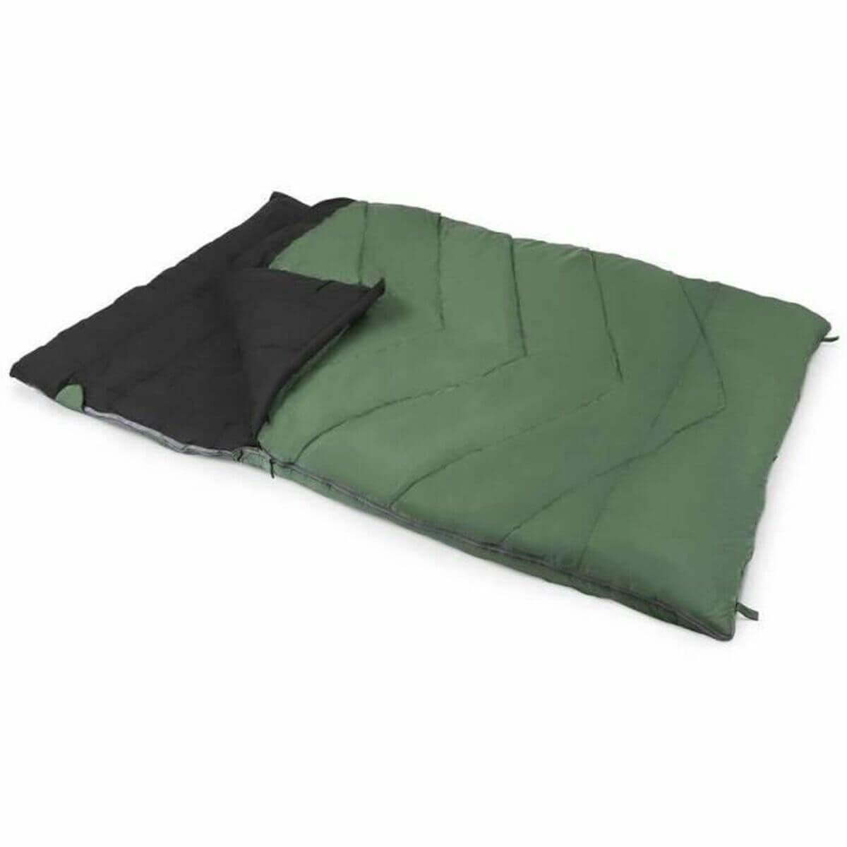 Kampa Green sleeping bag for outdoor camping adventures, dimensions 2.25 x 1.5 m, designed for 2 persons.
