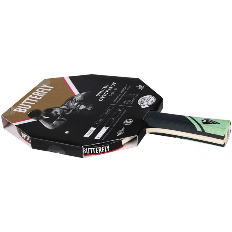 Butterfly Ovtcharov Gold 85221 ping pong racket in packaging, perfect for outdoor sports and training adventures.