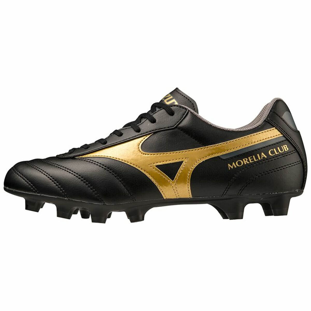 Adult's Mizuno Morelia II Club football boots in black and gold, perfect for outdoor sports and adventures.