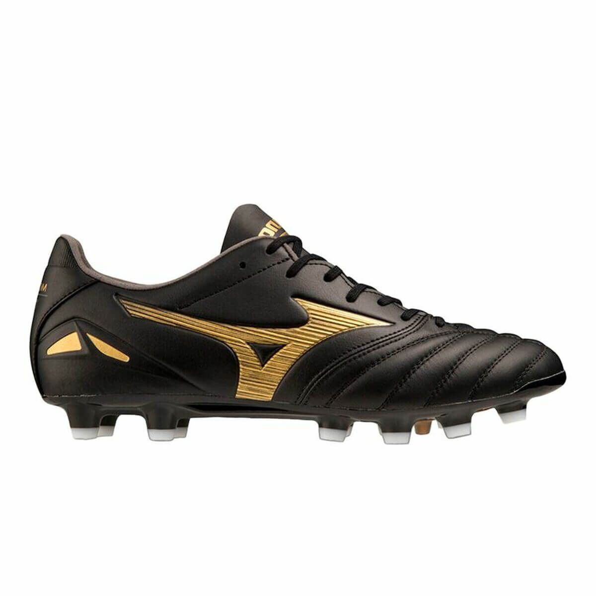 Mizuno Morelia Neo IV Pro black football boots with gold accents, perfect for outdoor sports and adventures, available at revlando.com.