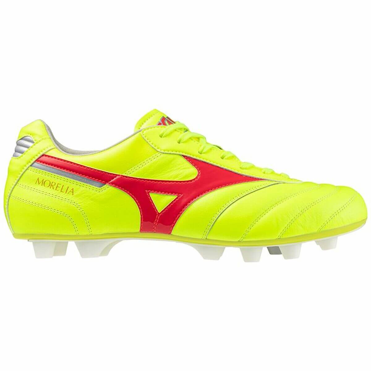 Adult's Mizuno Morelia II Elite football boots in yellow and red, ideal for outdoor sports and adventures.