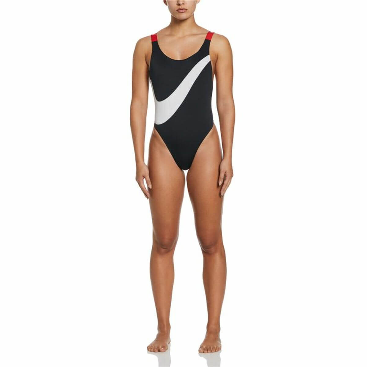Women’s Nike Bathing Costume in black with red straps, perfect for outdoor adventures and camping activities.