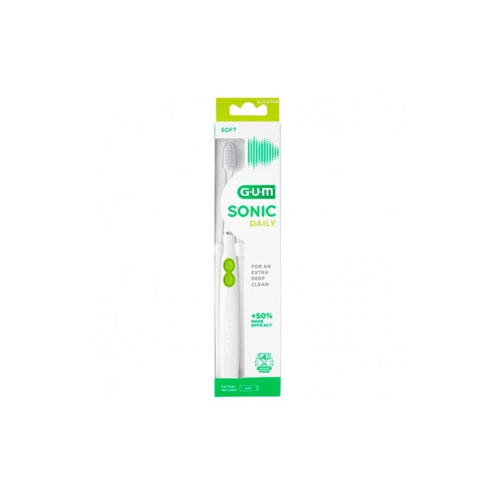 Gum Sonic Daily Battery Powered White Toothbrush - Advanced Plaque Removal, Soft Bristles, Long Battery Life