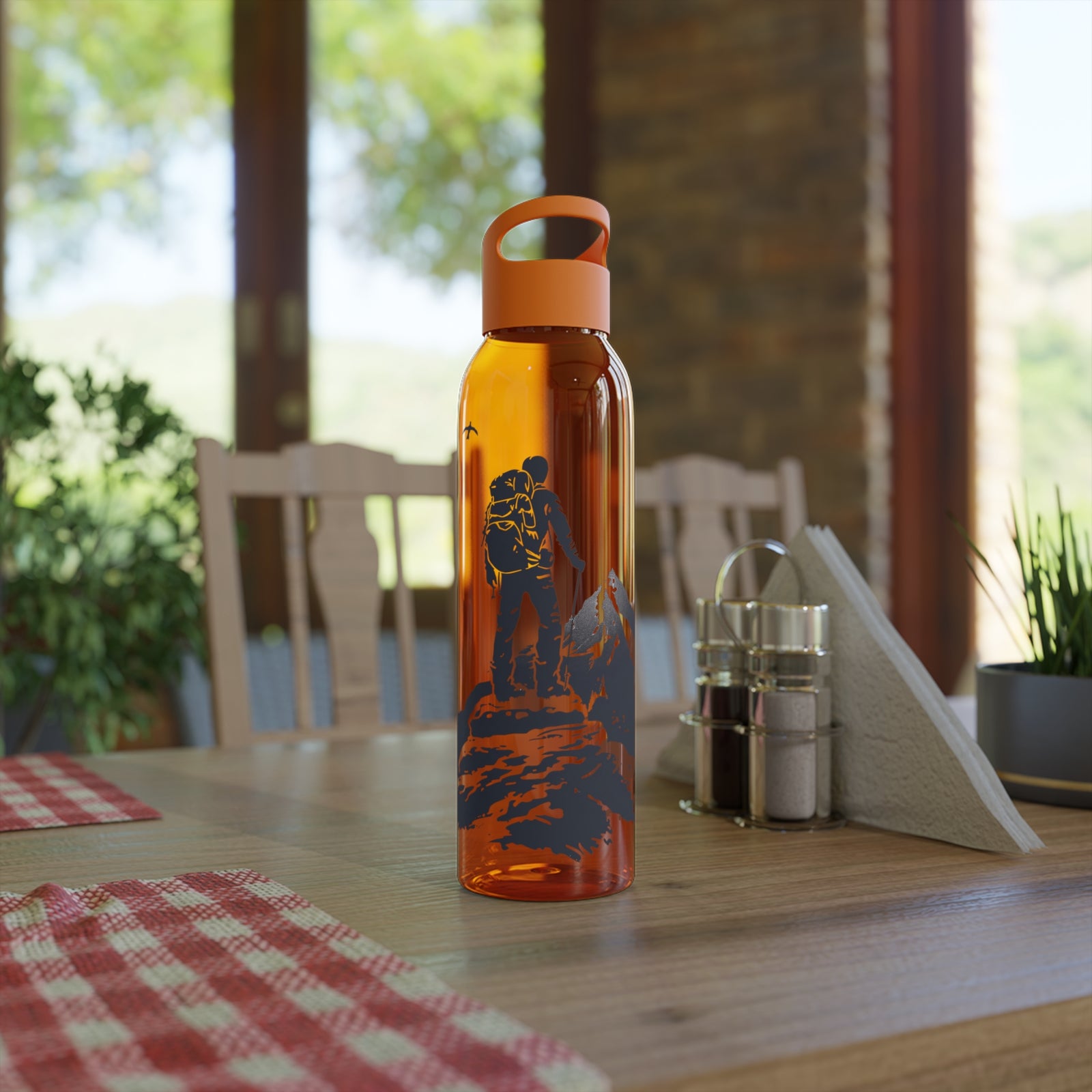 Stylish orange Sky Water Bottle ideal for outdoor adventures and camping, showcasing a hiker design.