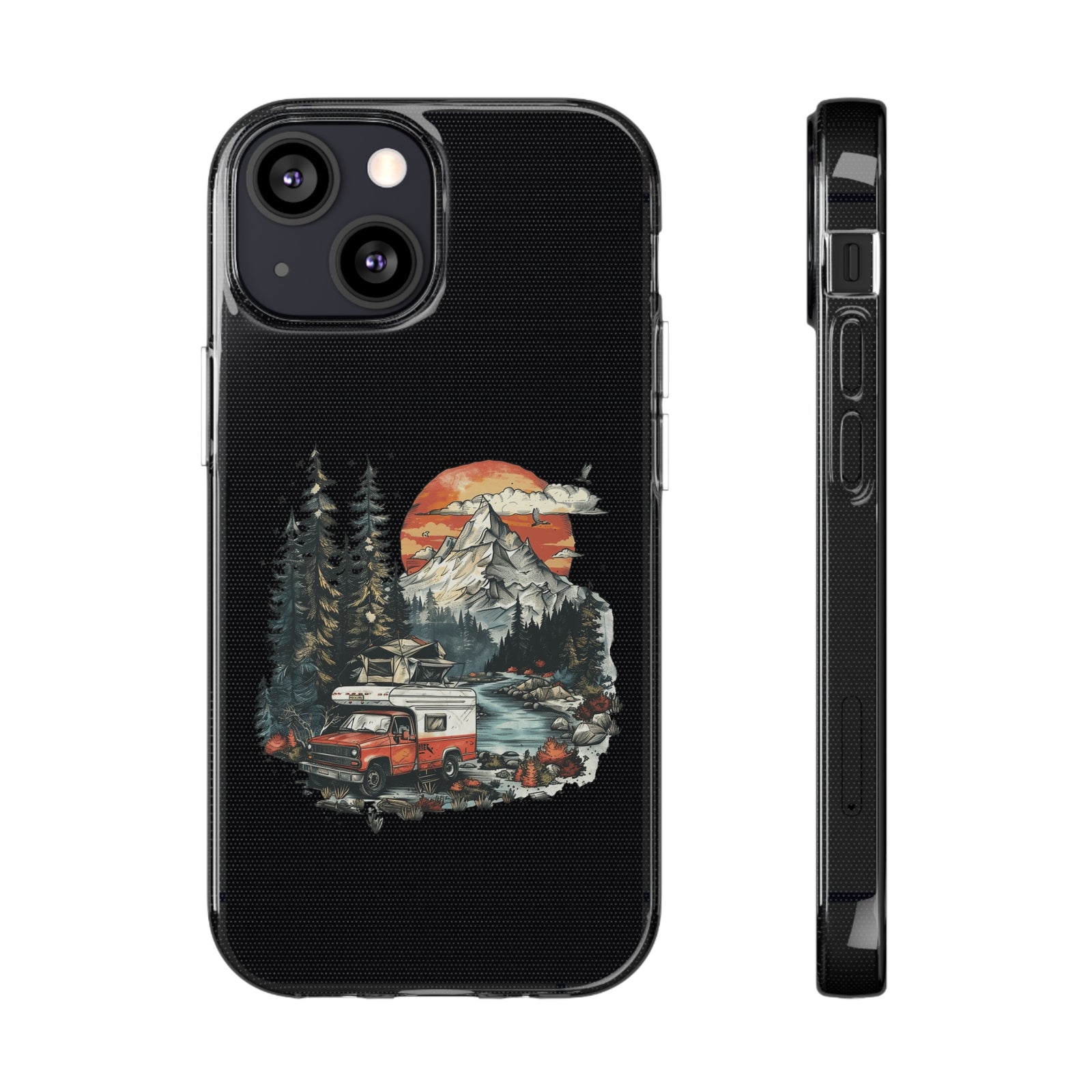 Soft TPU phone case featuring a camping van and mountain design, perfect for outdoor adventures from revlando.com.