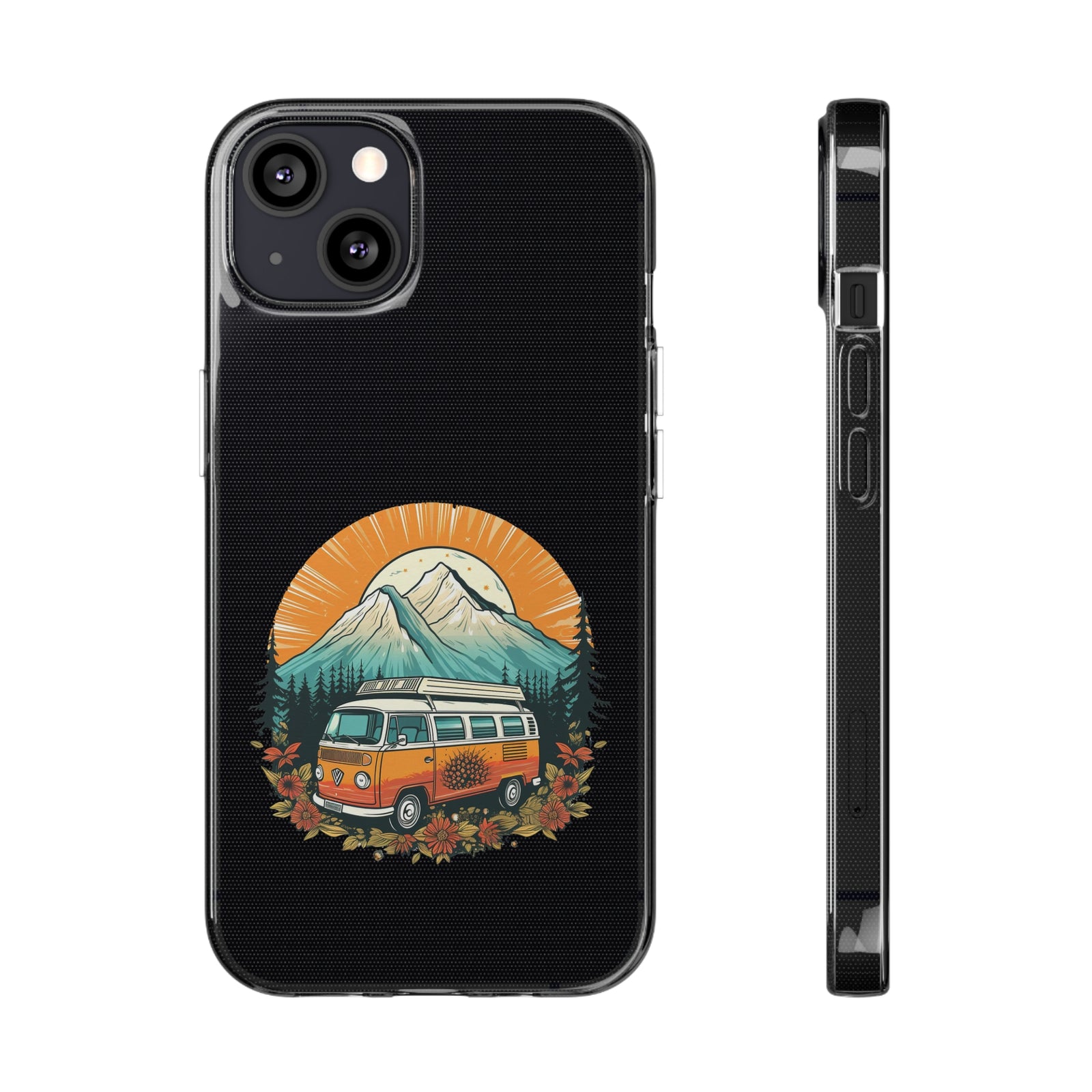 Phone case featuring a colorful camping van and mountain design, perfect for outdoor adventures and camping enthusiasts.