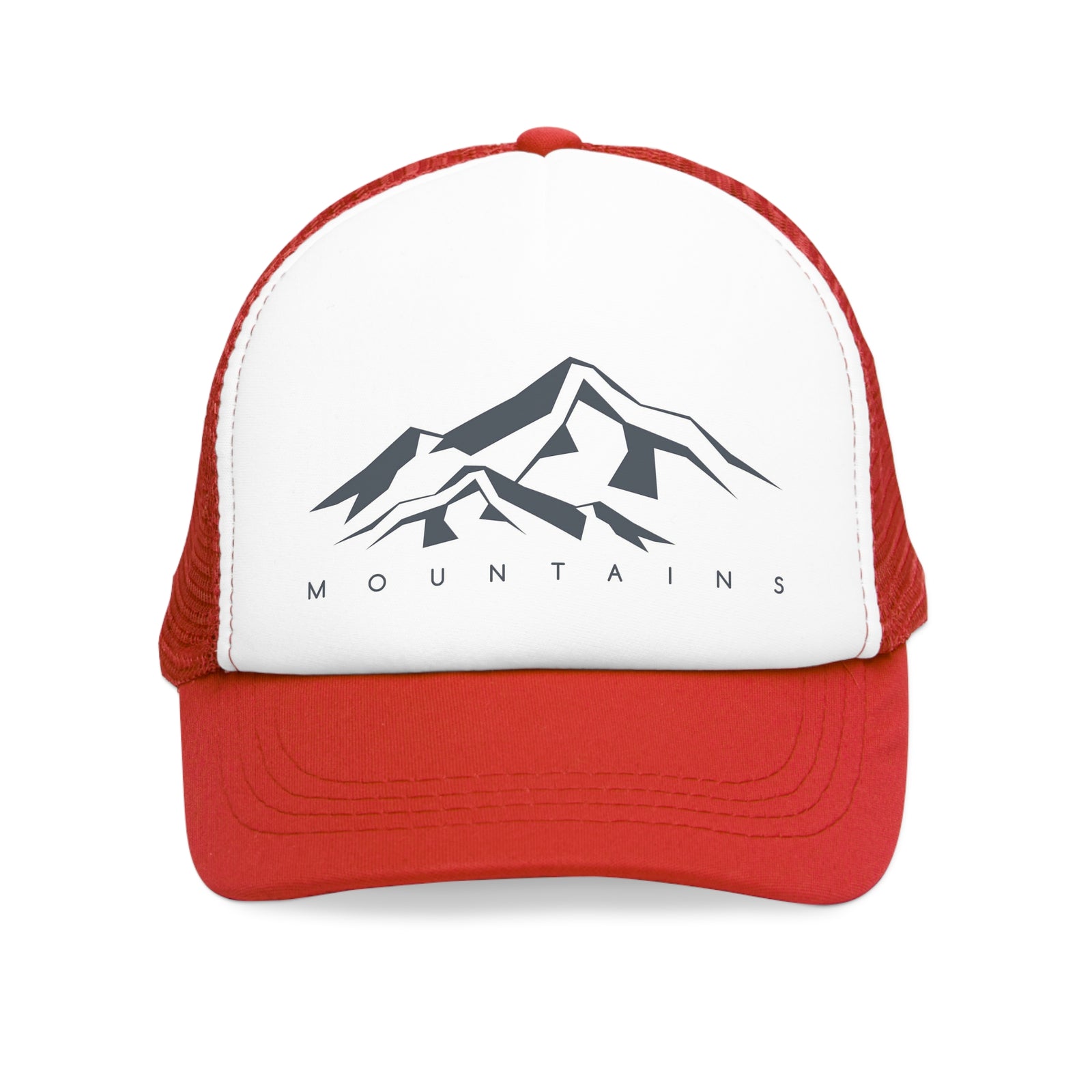 Red mesh cap with mountain graphic, perfect for outdoor adventures and camping, available at revlando.com.