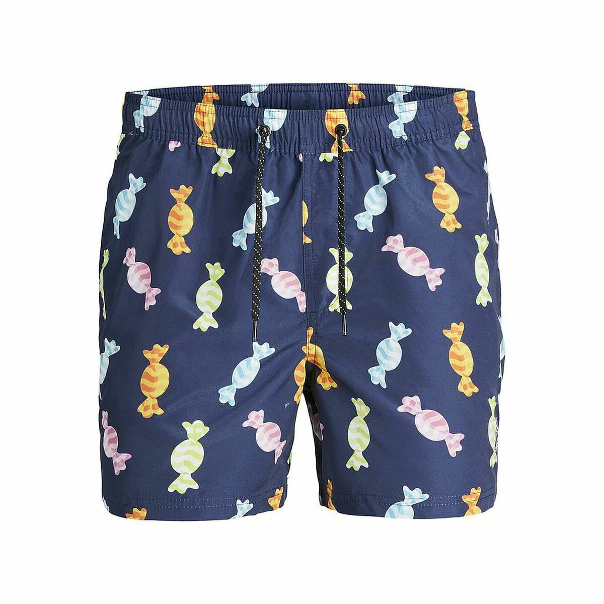 Men's navy blue bathing shorts with colorful candy print, perfect for outdoor adventures and camping. Available at revlando.com.