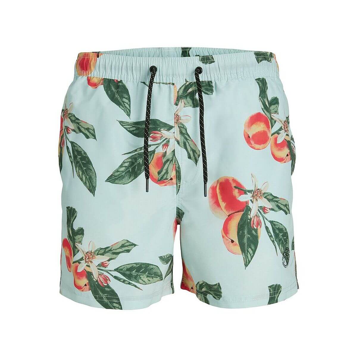 Men's bathing shorts in mint green with peach and leaf print, perfect for summer outdoor adventures from revlando.com.