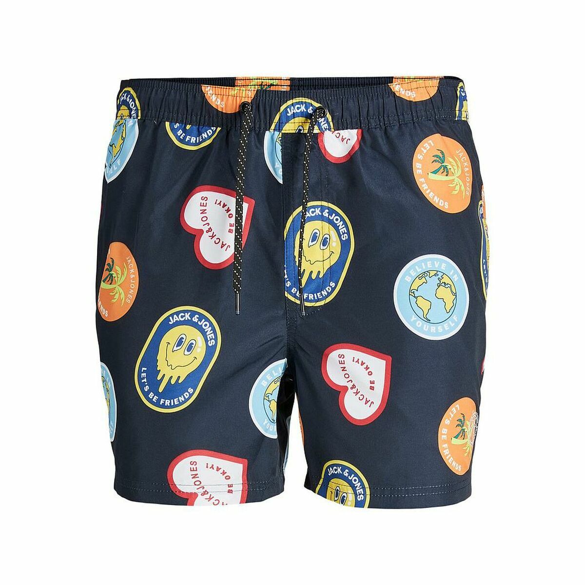 Men's bathing costume Jack & Jones BIG PRINTS 12227754 in navy blue with colorful patches. Ideal for outdoor adventures.