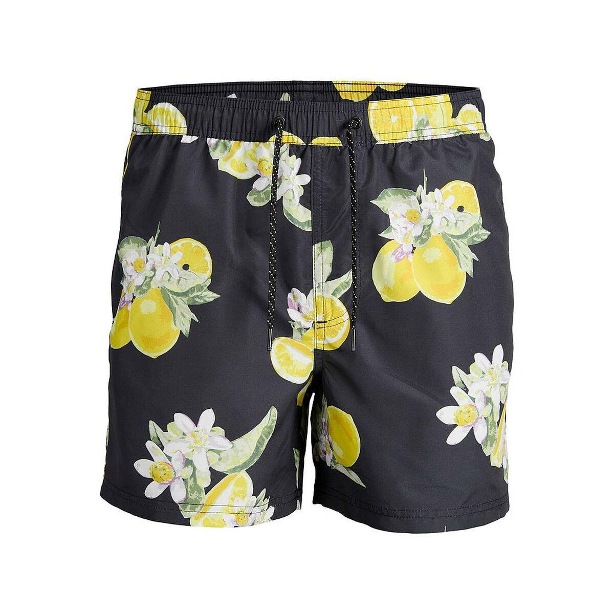 Men's bathing shorts with lemon floral pattern, perfect for outdoor summer adventures, casual beachwear.