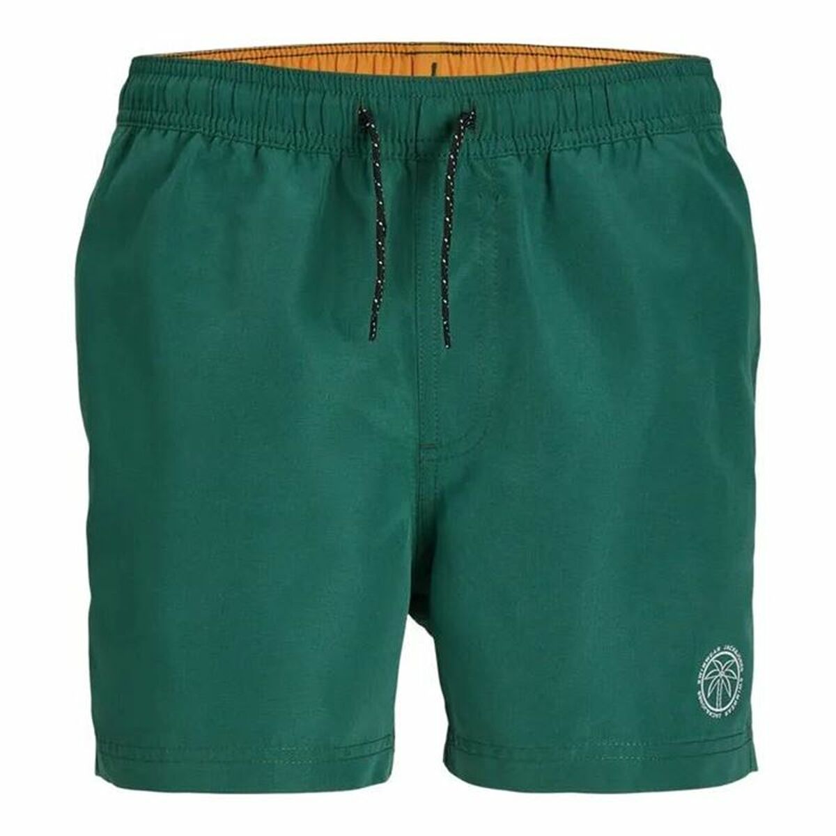 Green child's bathing costume with elastic waist and logo, perfect for outdoor adventures and camping activities.