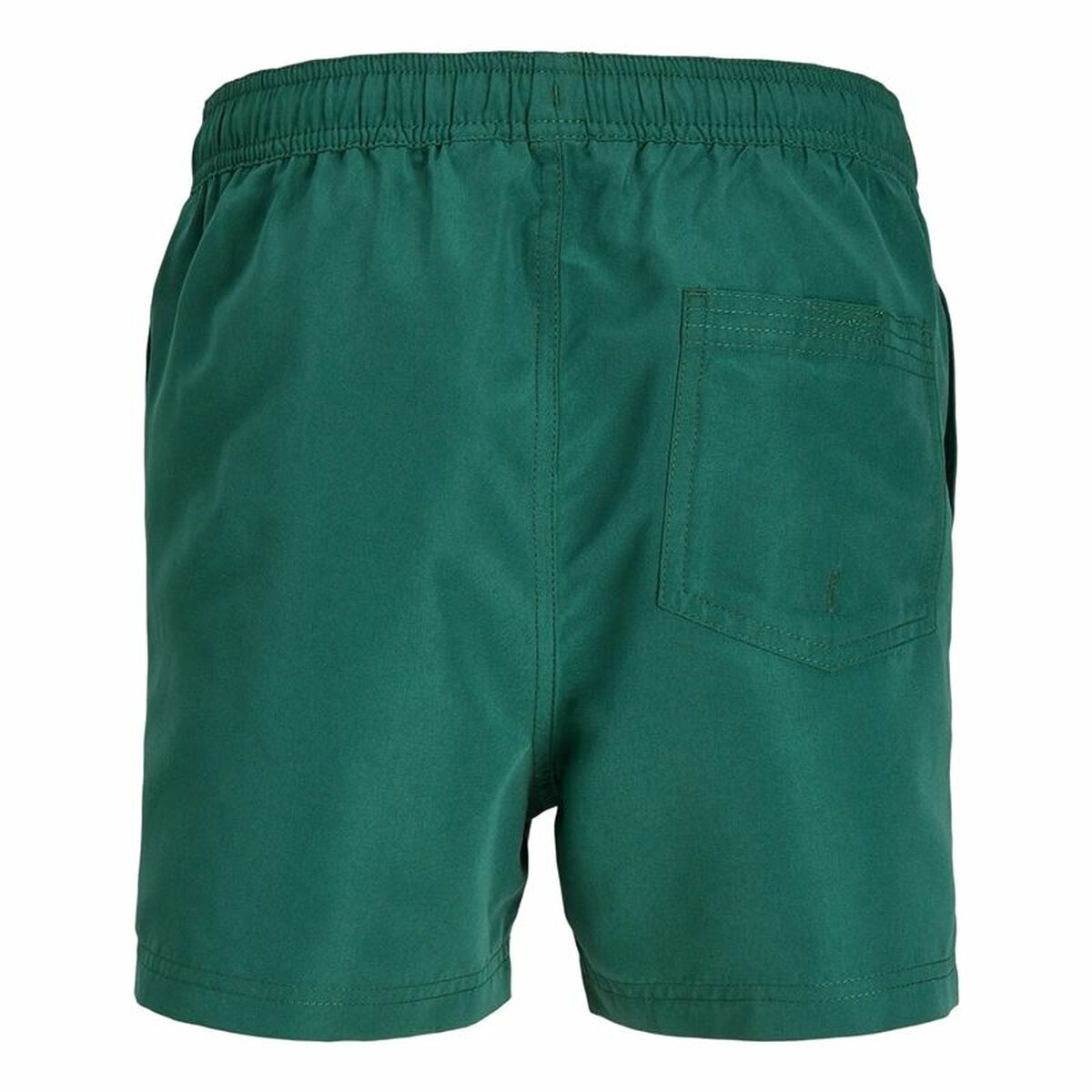 Green child's bathing costume with elastic waist and logo, perfect for outdoor adventures and camping activities.