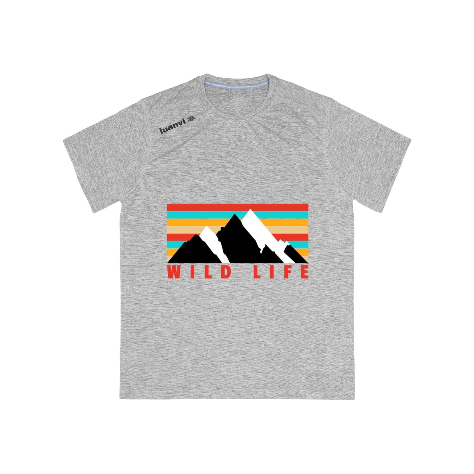 Men's sports t-shirt featuring 'Wild Life' mountain print, perfect for outdoor adventures and camping.