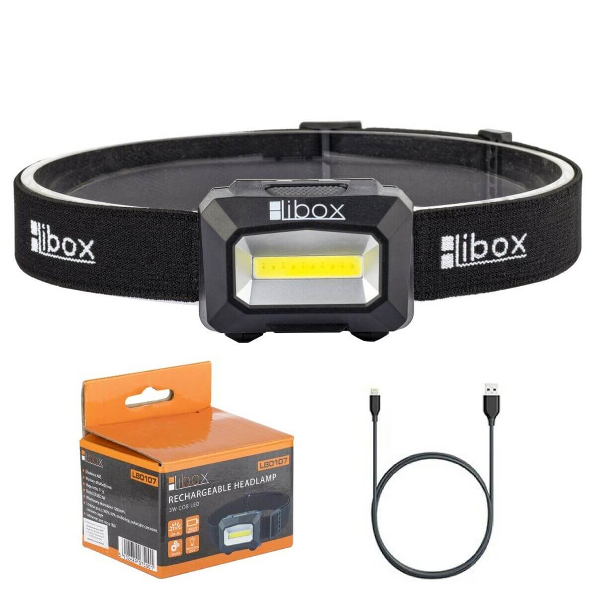 Torch Libox LB0107 rechargeable headlamp, LED technology, outdoor camping product, includes USB charger and user manual.