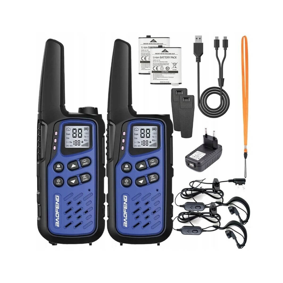 Walkie-Talkie Baofeng BF-T25E in blue, perfect for outdoor adventures and camping, includes accessories.
