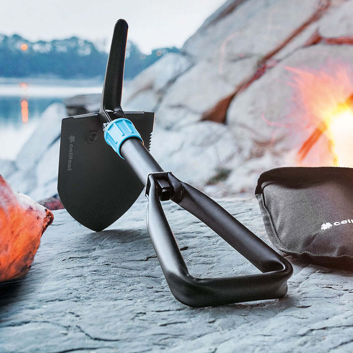 Foldable Shovel Cellfast Ideal Pro in blue and black, ergonomic handle for outdoor camping adventures.