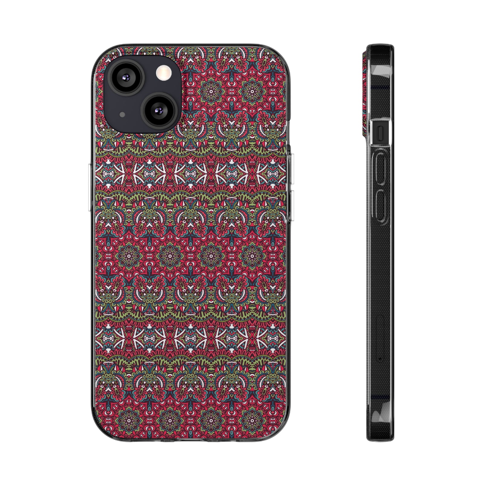 Red mandala phone case, custom design, TPU material, offers light protection for outdoor adventures, revlando.com
