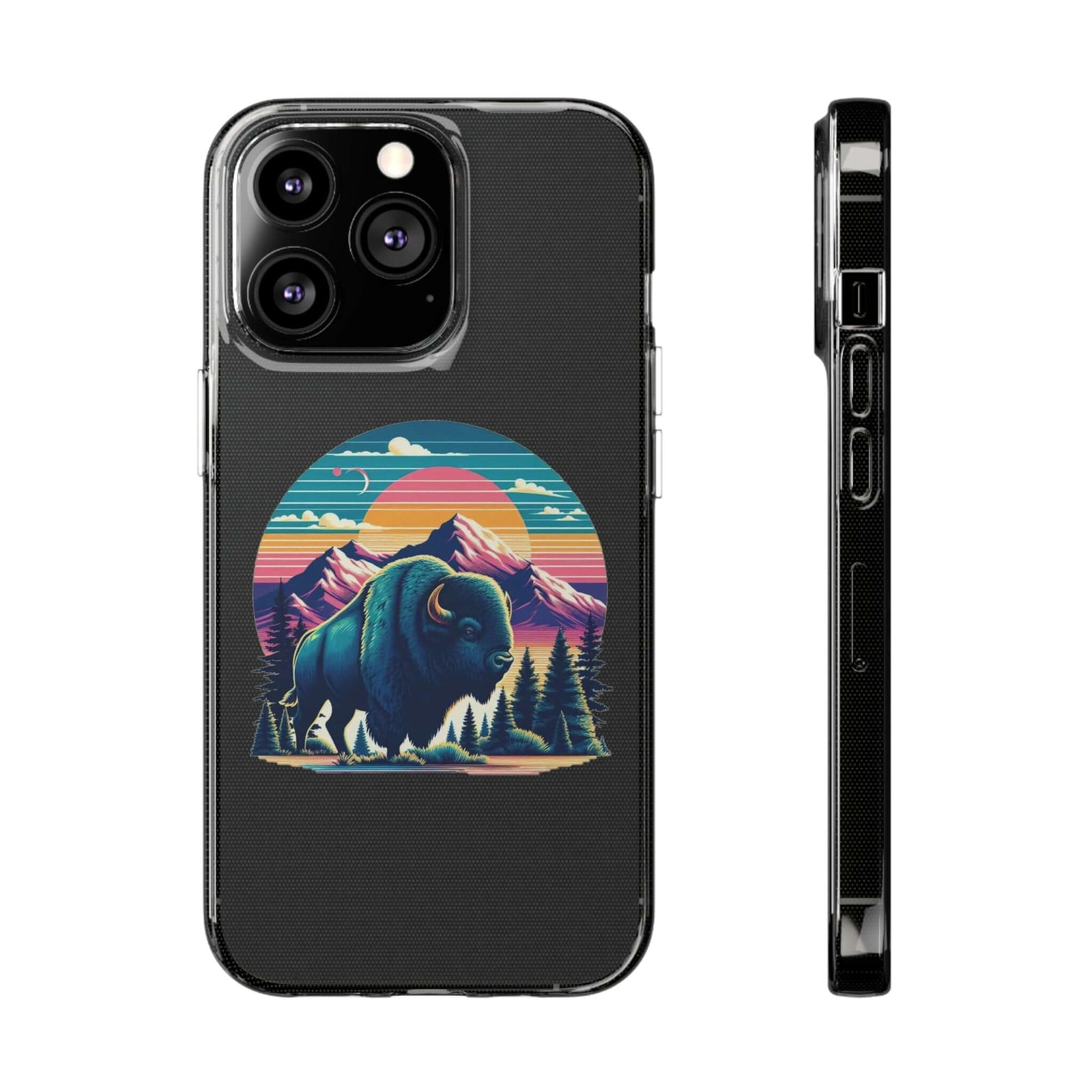 Soft TPU phone case with vibrant buffalo and mountain design, perfect for outdoor adventures from revlando.com.