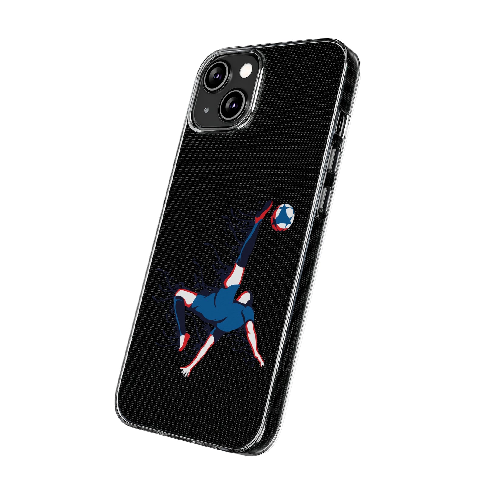 Phone case featuring a football bicycle kick design, perfect for outdoor adventures and customizable style.