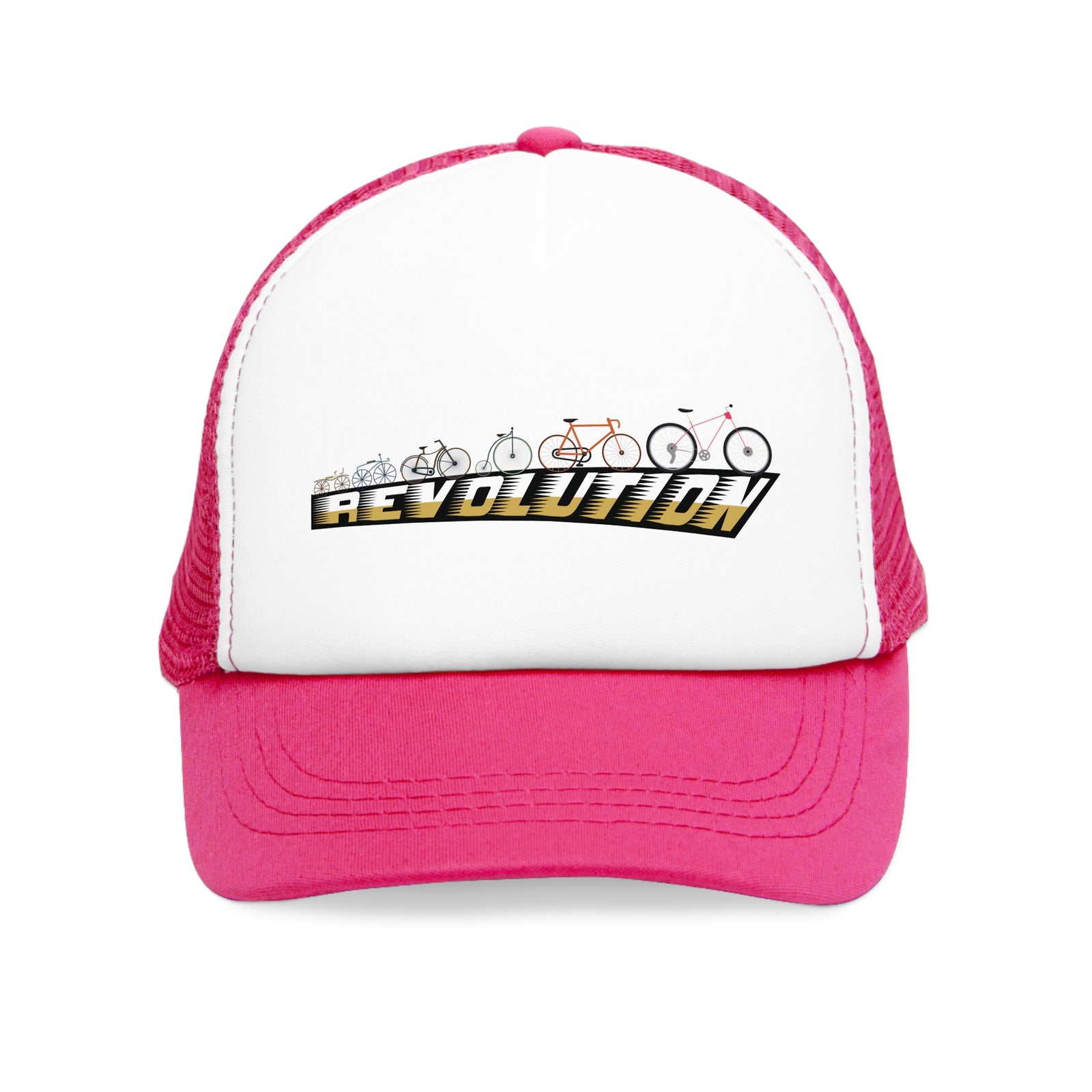 Pink mesh cap with bicycle design and 'Revolution' text, perfect for outdoor adventures and camping.