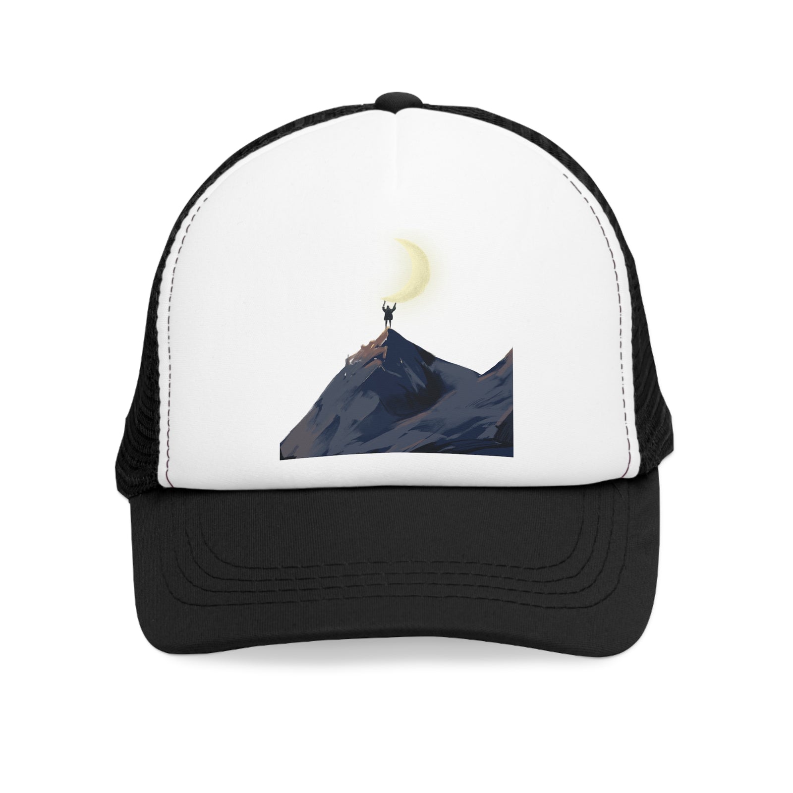 Mesh cap featuring a mountain design, perfect for outdoor adventures and camping trips from revlando.com.