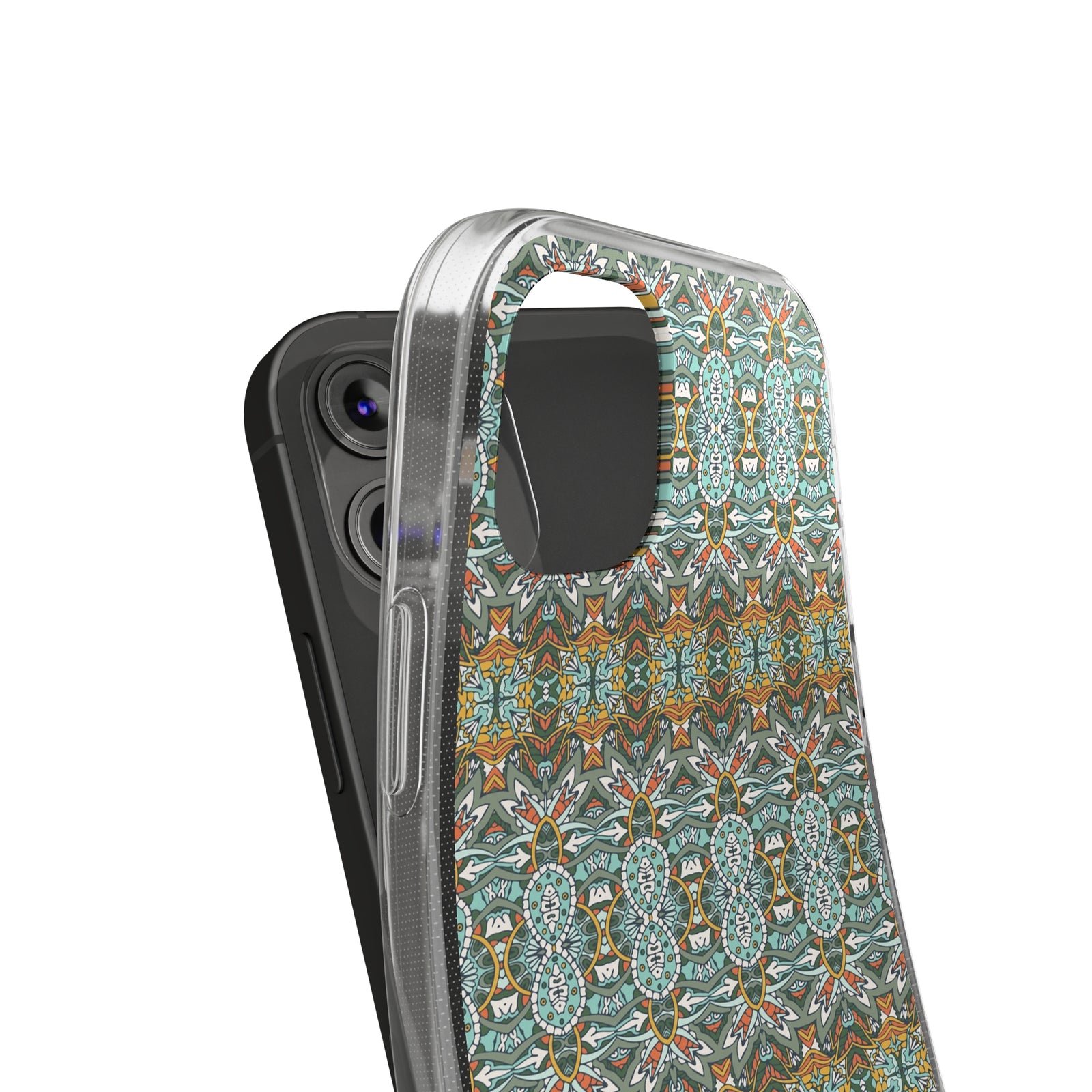 Colorful mandala phone case made from clear TPU, offering stylish protection for outdoor adventures and everyday use.