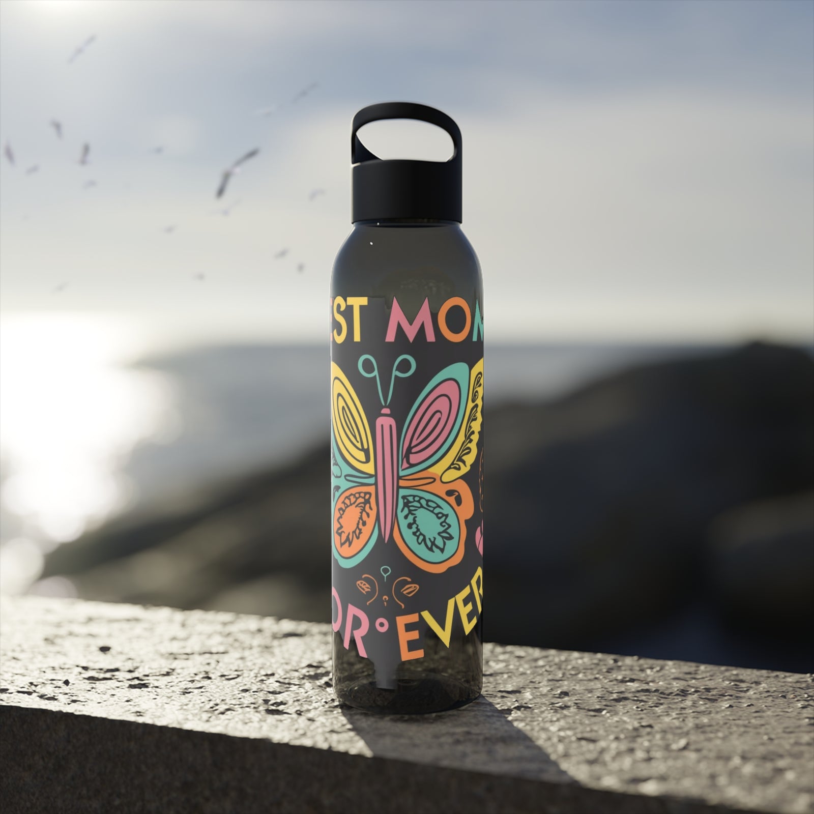 Stylish Sky Water Bottle with colorful butterfly design on outdoor setting, ideal for camping and outdoor adventures.