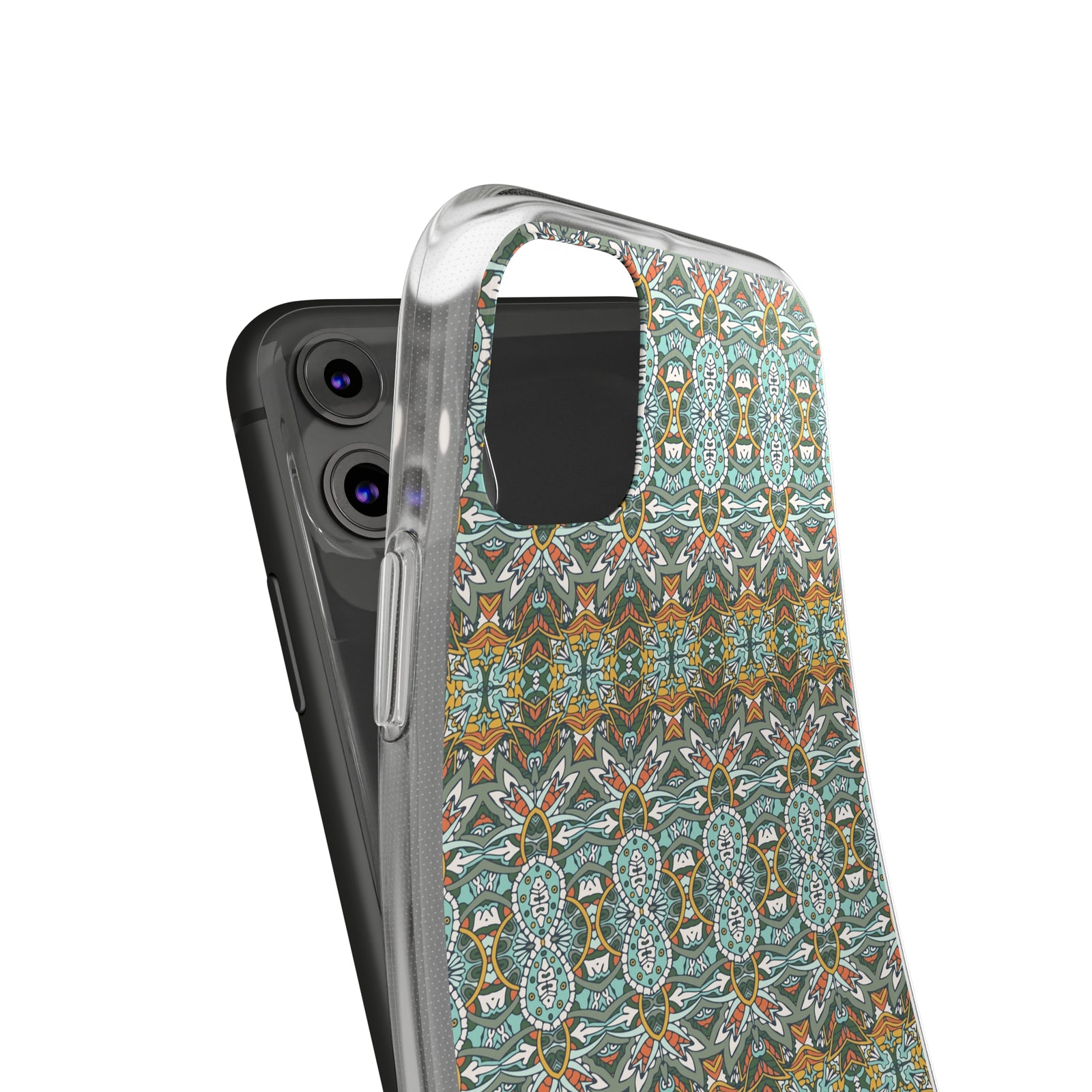 Clear TPU phone case with colorful mandala design, perfect for outdoor adventures and camping. Available at revlando.com.