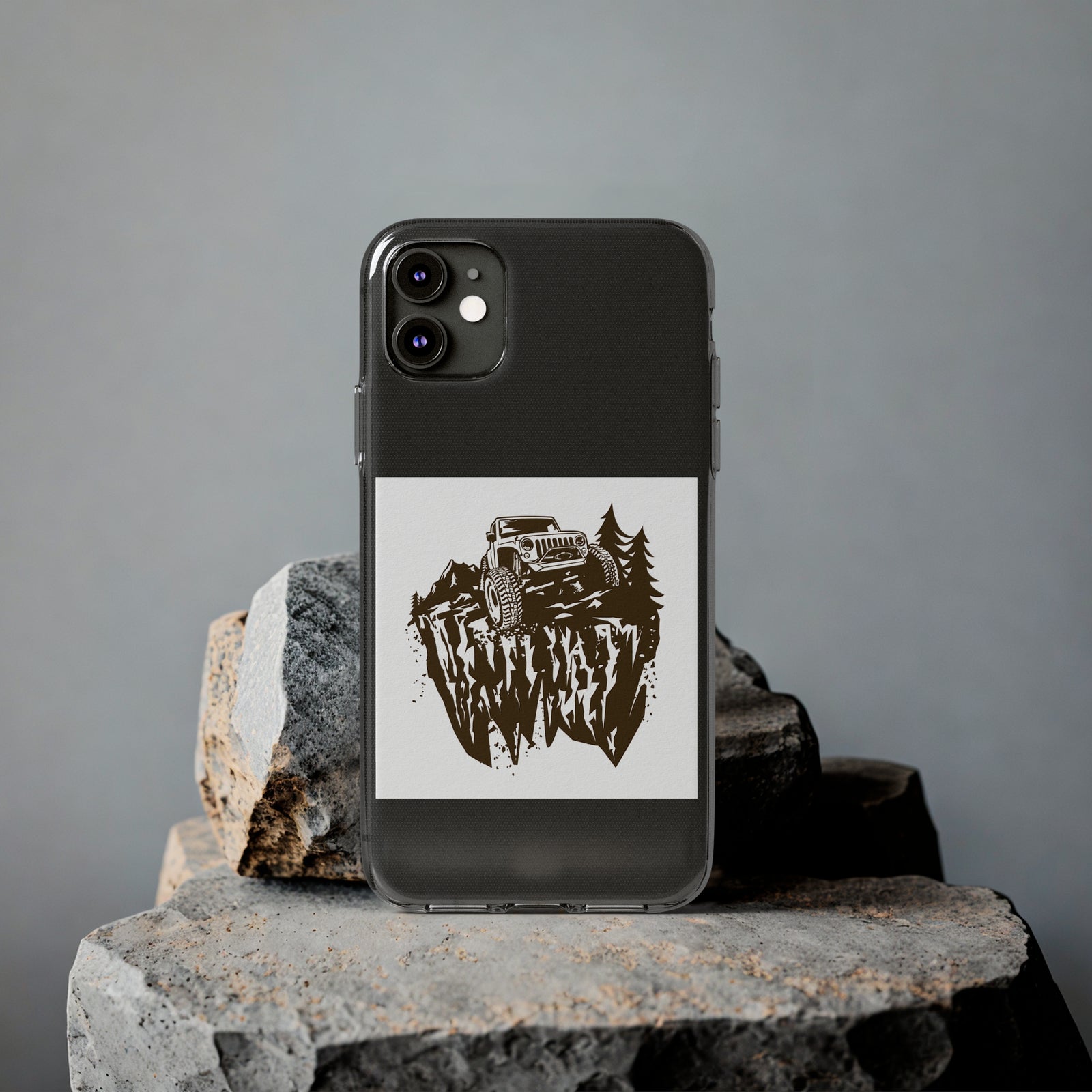 Jeep-themed phone case, clear TPU material, perfect for outdoor adventures and camping enthusiasts, available at revlando.com.