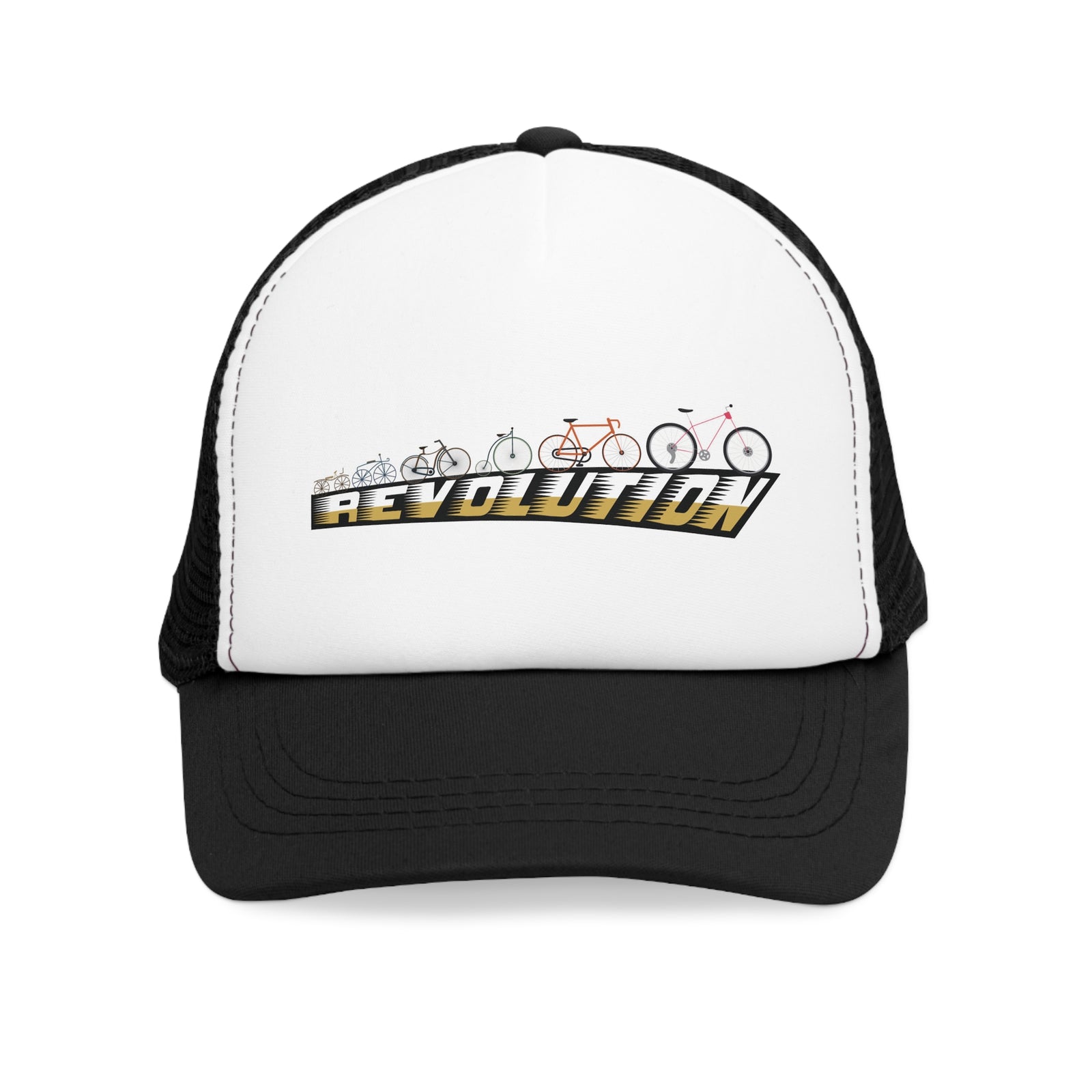 Mesh cap featuring a bicycle design and 'REVOLUTION' text, perfect for outdoor adventures and camping.