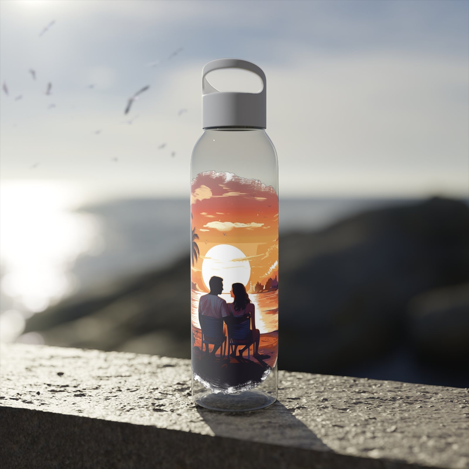 Sky Water Bottle with sunset design, ideal for outdoor adventures and camping, available at revlando.com.
