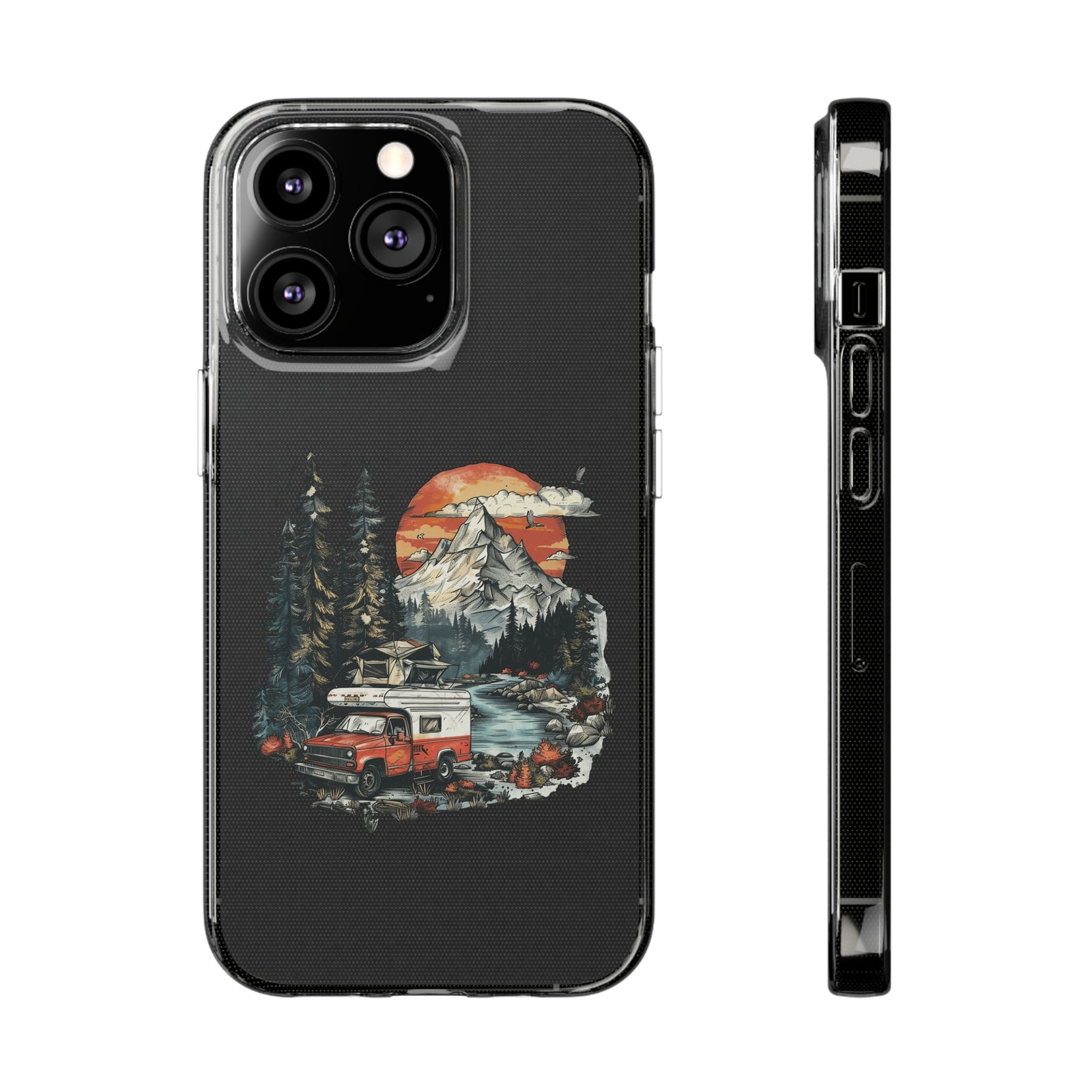 Phone case featuring a camping van and nature scene, perfect for outdoor adventure lovers, available at revlando.com