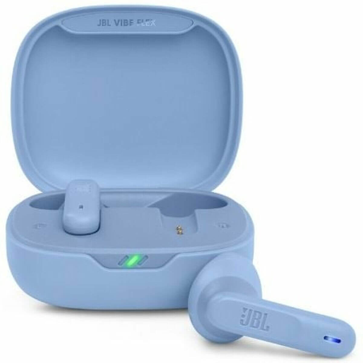 Wireless JBL Vibe Flex Blue headphones in charging case, ideal for outdoor adventures and camping. Available at revlando.com.