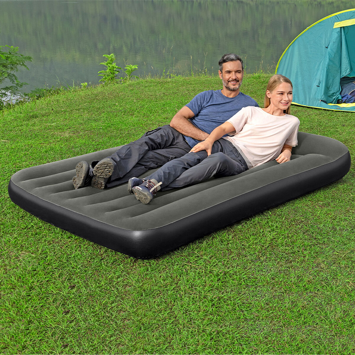 Bestway air bed in black grey, dimensions 191 x 137 x 30 cm, ideal for outdoor camping adventures.