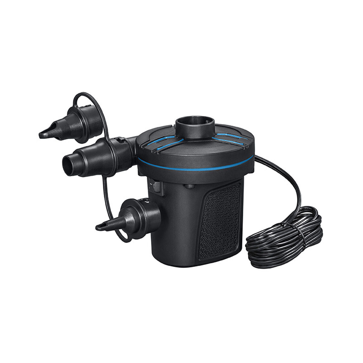 Electric Air Pump Bestway featuring three nozzles, designed for outdoor camping and adventure use. Ideal for beach or garden.