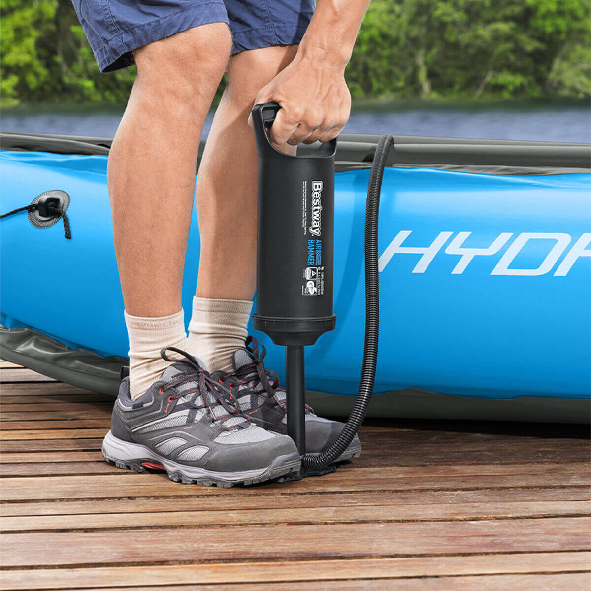 Bestway 36 cm air pump in black for outdoor camping and beach adventures, includes hose, electric powered.