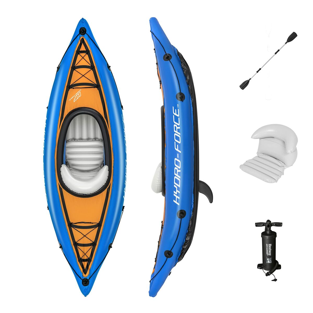 Bestway Hydro-Force kayak in blue and orange with paddle, air pump, and comfortable seating for outdoor adventures.