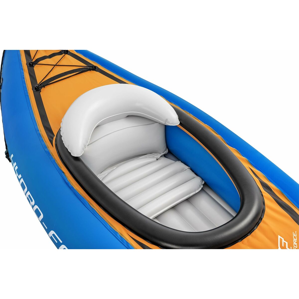 Bestway Hydro-Force kayak in blue and orange with paddle, air pump, and comfortable seating for outdoor adventures.